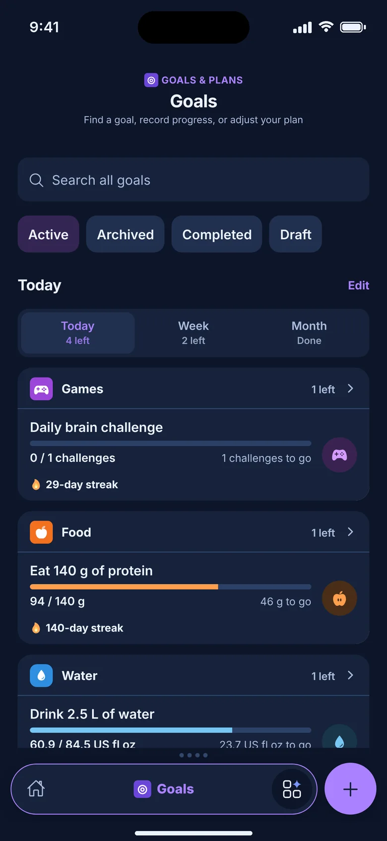 Goals: daily goals for steps, protein, workouts, and reading, each with its progress