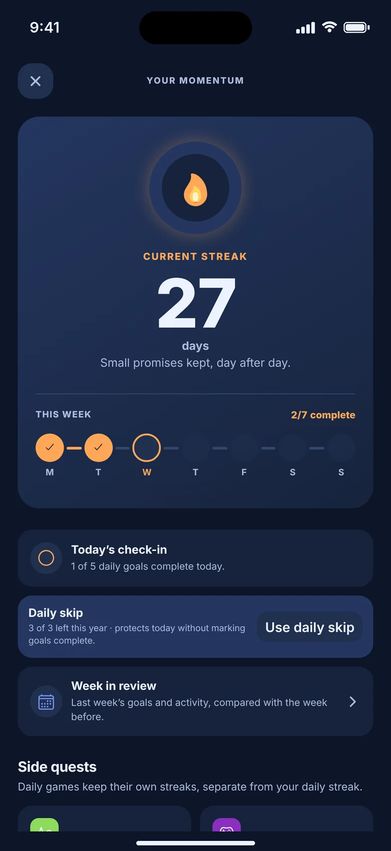Streak screen with a 27-day streak, this week's check-ins, and a daily skip
